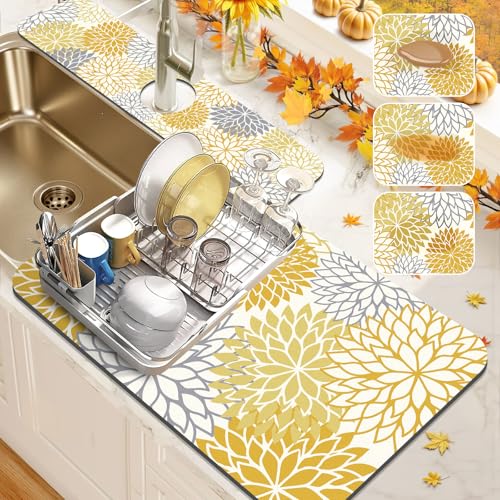 Findosom 2PCS 12" x 20" Fall Dish Drying Mat & 24" x 5.5" Sink Splash Guard, Super Absorbent & Cuttable Dish Mat Drying Kitchen Mat with Yellow Floral, Hide Stain Drying Mat for Kitchen Counter - color: Yellow, size: 12" X 20" + 24" X 5.5"