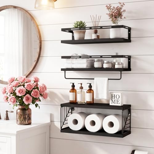 Fixwal Wall Mounted Bathroom Shelves Over Toilet, Rustic Wood Floating Shelves with Metal Frame and Towel Bar for Bathroom, Kitchen, Bedroom, Living Room (3 Plus 1 Black) - color: 5-black