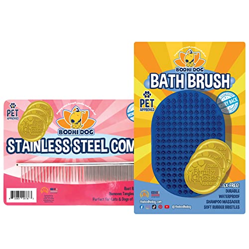 Bodhi Dog Stainless Steel Comb & Shampoo Brush - Removes Shedding, Mats & Tangles - Premium Brush for Shower, Showerhead, Sprayer & Bathing (Blue) - color: Blue, size: 1 Pack + Stainless Steel Comb