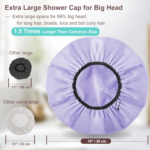 Sheomern 2 Pcs 15" XL Extra Large Terry Lined Shower Cap, Adjustable Dual Waterproof Shower Cap for Women Reusable Soft Hair Cap Bath Cap for Long Braids, Thick Hair, Locs, Curly Hair - color: Purple+Green, size: X-Large