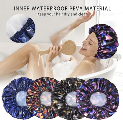 4 PCS Shower Cap for Women, Elastic and Reusable Bath Caps, Double Layers Shower Caps Reusable Waterproof, Bathing Shower Caps, Environmental Bath Hair Protection Cap - Butterfly A - color: Butterfly A