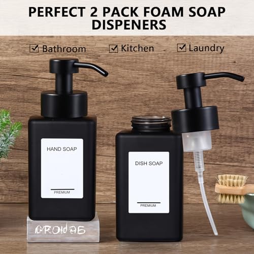 Black Foaming Hand Soap Dispenser 2 Pack,12oz/350ml Glass Foaming Soap Dispenser Set with Stainless Steel Pump, Square Refillable Foam Pump Bottles for Bathroom&Kitchen,Includes 6 Labels - color: Black