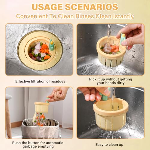 Upgraded Automatic Pressing Sink Filter, Cactus Sink Strainer, Kitchen Waste Collector Filter, Kitchen Accessories Sink Drain Stopper, and Cleaning Brush (1, Yellow)