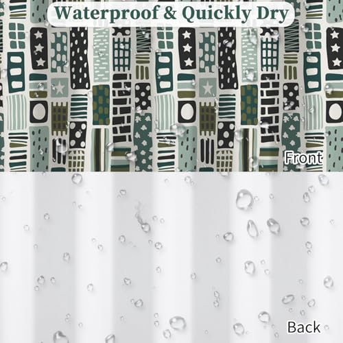 Fabric Shower Curtain with Hooks, Waterproof & Washable Polyester, Boho Green Checkered Geometric Shower Curtains for Bathroom, Neutral Modern Abstract Pattern Bathroom Curtain, 71x74 Inch - color: Green Abstract Geometric