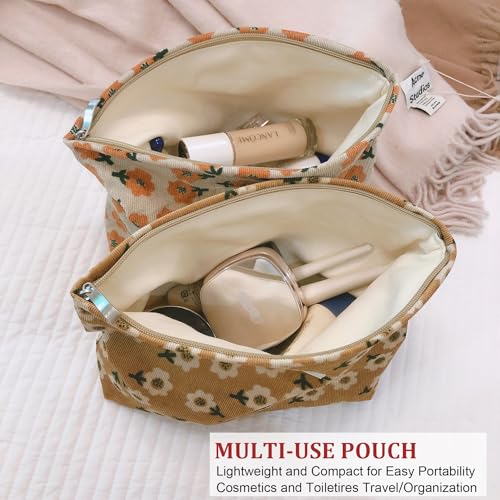 HAPPYHEIDI Women Floral Corduroy Canvas Travel Makeup Bag Cosmetic Pouch Purse Organizer, Khaki - color: 001 SX142-03 Khaki Floral Corduroy