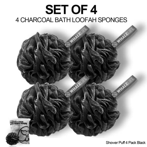 WhaleLife Loofah Bath Sponges - Black Gentle Exfoliating Shower Loofah for Rich Lather, Durable Mesh Body Scrubber for Men & Women 4 Pack - style: Modern; Minimalist; Matte; Solid Black