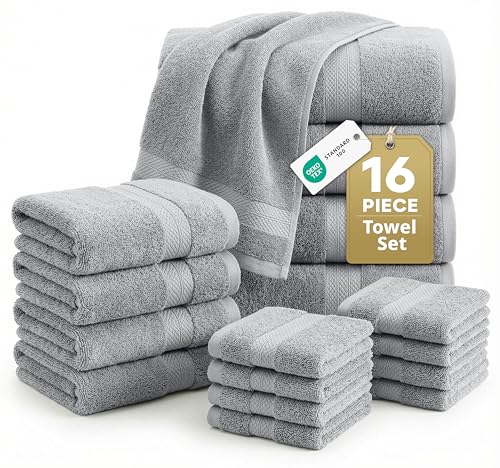 LANE LINEN 100% Cotton Turkish Towel Set for Bathroom - 16 Piece - Super Soft, Quick Dry & Highly Absorbent - 4 Bath, 8 Wash Cloths, 4 Hand Towels - Hotel Quality, Durable & Oeko-TEX Certified - Grey - color: 01: Space Grey