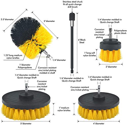 Drill Brush Attachment Set, Power Scrub Brush for Cleaning, All Purpose Scrubber Brushes with Extended Attachment for Bathroom Kitchen Surface, Grout, Tub, Shower, Tile, Corners, Car-Yellow