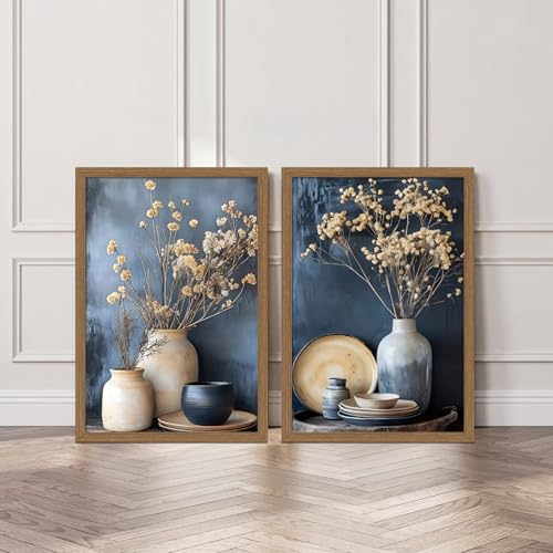 Framed dried radish flower wall art Vintage floral ceramic kitchen wall decorations Farmhouse Countryside Still Life on Neutral Canvas for Dining Room Bedroom Living Room Wall Decor 16x24in - color: Earthenware pot radish flowers, size: 16x24 inches