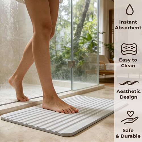 Stone Bath Mat Diatomaceous Earth Shower Mat Non-Slip Ultra Absorbent Durable Stone Mats for Bathroom/Kitchen Fast-Drying Modern Design Easy to Clean (24''*16''Light Grey) - color: Light Grey