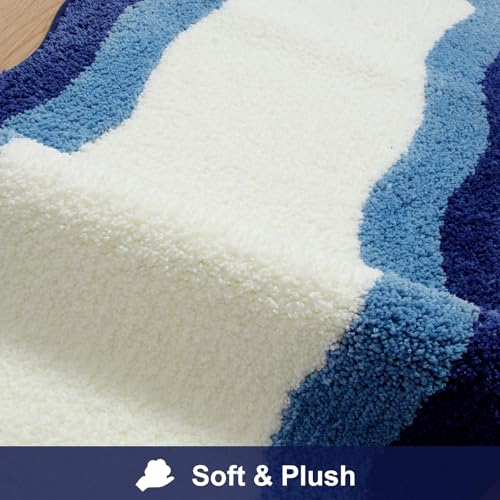 HAOCOO Luxury Soft Long Bathroom Rugs, 24x59 Inch Irregular Shape Non-Slip Boho Bath Rug, Microfiber Absorbent Washable Rugs for Bathroom Bedside Sink Tub Shower - color: Blue, size: 4'11" x 2' (Irregular)