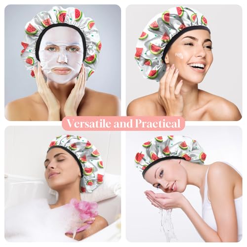 Luxury Shower Cap Terry Cloth Lined EVA Waterproof Reusable Triple Layer Elastic Hair Bath Caps for Women Girls Cute (C18-Watermelon) - color: C18-Watermelon