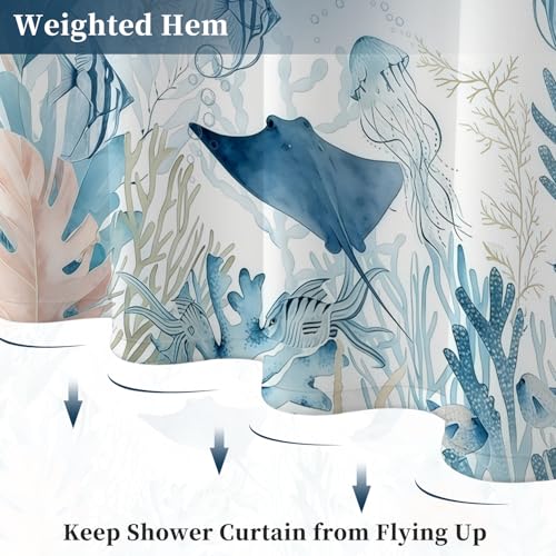 Fabric Shower Curtain with Hooks, Waterproof & Washable Polyester, Ocean Turtle Octopus Fish Shower Curtains for Bathroom, Summer Underwater Animal Coastal Beach Bathroom Curtain, 71x74 Inch - color: Blue Ocean Whisper