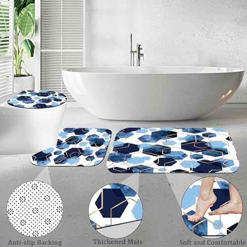 4Pcs Navy Blue Geometric Shower Curtain Set, Neutral Modern Art Deco Shower Curtain with Hooks, Elegant Trendy Simple Bathroom Sets with Shower Curtain and Rugs, 71 * 71in - color: Navy Blue