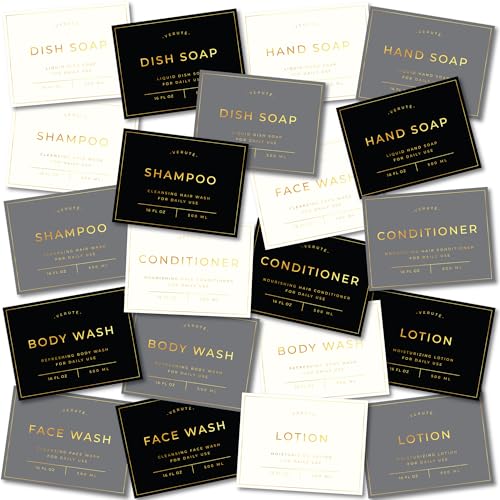 Verute Waterproof Labels for Amber Glass Soap Dispenser and Plastic Bottles 3.15"x2.35" Peel & Stick - Kitchen, Bathroom & Shower Set - 21 Pieces (Gold Set) - color: Gold Set