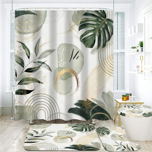 LQCOOL 4Pcs Green Shower Curtain Set, Modern Boho Bathroom Sets, Modern Luxury Bathroom Sets with Shower Curtain and Rugs, Shower Curtain with 12 Hooks - color: Green Leaf