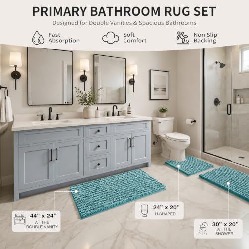 Yimobra Bathroom Rug Set 3 Piece - Super Absorbent Quick Dry Chenille Bath Mats & Toilet Rug, Non Slip Machine Washable, Extra Thick Shaggy Floor Mat for Shower Tub Sink, Teal Blue - color: Teal Blue, size: 24"x20" + 30"x20"+ 44"x24"