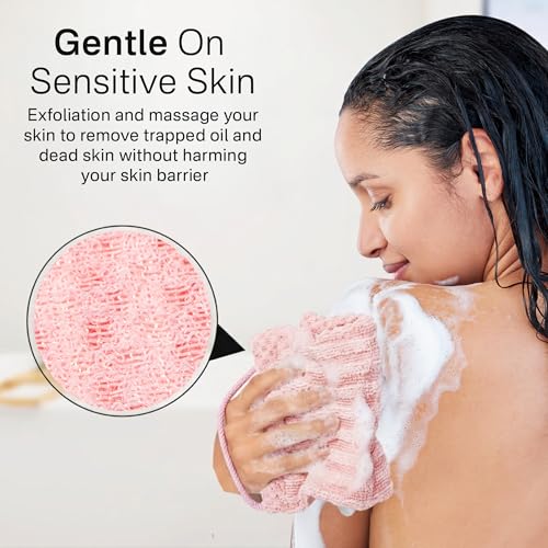 Yiclick Dual-Textured Exfoliating Washcloth Towel - Back Scrubber for Use in Shower Bath, Exfoliating Body Scrubber Exfoliator, Japanese Exfoliate Loofah Lufa Sponge Wash Cloth for Women Men - color: Pink
