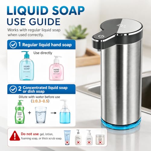 Automatic Liquid Soap Dispenser, Touchless Rechargeable Soap Dispenser for Kitchen & Bathroom, Stainless Steel, 4 Adjustable Foam Levels, USB-C, Waterproof, 12oz/350ml(Stainless Steel Liquid) - color: St-01 Liquid Gray