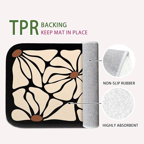 Boho Black and Beige Bath Mat | Black Floral Bathroom Rugs, Non Slip, 16x24 - color: Abtract Floral
