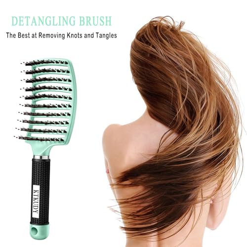 KTKUDY Detangling Brush Boar Bristles HairBrush Make Hair Shiny & Healthier Curved and Vented Detangler Brush for Women Men Kids Wet and Dry Hair (Turquoise) - color: Turquoise
