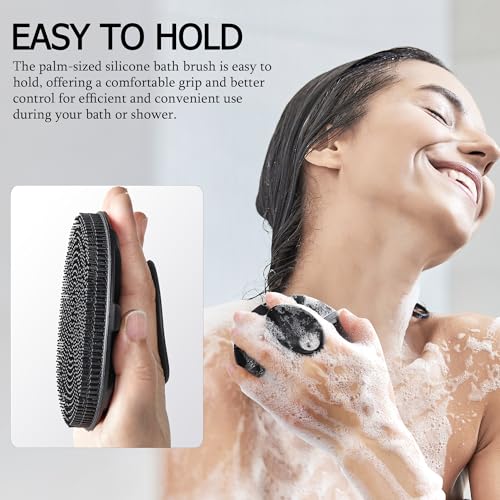 INNERNEED Food-Grade Soft Silicone Body Scrubber Shower Brush Handheld Cleansing Skin Brush, Gentle Exfoliating and Lather Well (Black) - color: Black