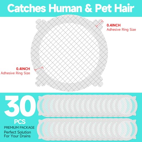 Disposable Shower Drain Hair Catcher, 30-Pack Mesh Stickers for Sink | peel-and-stick mesh traps hair, drains fast - stays flat on tile, metal, plastic - toss and replace, no scrubbing needed