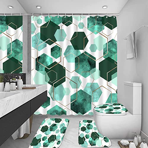 LQCOOL 4Pcs Indigo Shower Curtain Set Marble Grain Geometric Bathroom Set Fresh Turquoise Abstract Bathroom Curtain Set with 12 Hooks Carpet Bath Mat and Toilet Rugs - color: Indigo