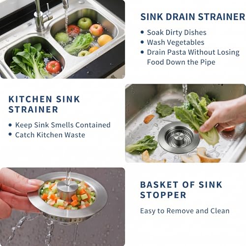 3-in-1 Kitchen Sink Drain Strainer and All-Purpose Scrub Sponges, Sink Stopper Pop-Up Drain Plug with Anti-Clogging Food Catcher Basket, Fits US Standard 3-1/2 Inch Sinks,Sponge Cleaning Dish - color: 2 Grey Strainer+4 Kitchen Sponges