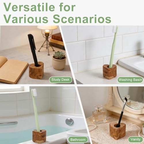 HTB Toothbrush Holder for Bathroom 2 Pack Teak Wood | Toothbrush Stand Organizer Base Station Hollow Drainage Design,Small Countertop Organizer for pens,Makeup Brushes,Space Saver - color: Heart