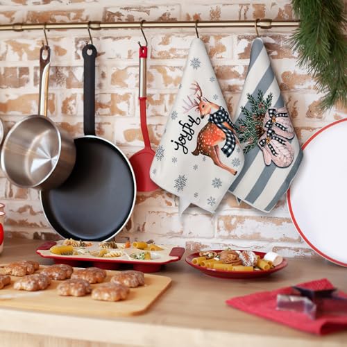 Sratte 6 Pcs Christmas Kitchen Towels Winter Dish Towels Absorbent Gray Strip Reindeer Snowmen Hand Towel Snowflake Gloves Decorative Xmas Tea Towel Decor Cozy Winter Decor for Kitchen Bathroom Gift - color: Beige, Gray, size: Cozy Winter