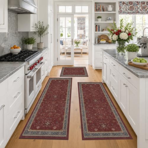 JTJ 3 Piece Kitchen Rug Set, Burgundy Vintage Washable Kitchen Mats, Non-Slip Low Pile Floor Rugs with Stain Resistant Surface for Kitchen Sink, Runner, Laundry Room and Hallway - color: Burgundy