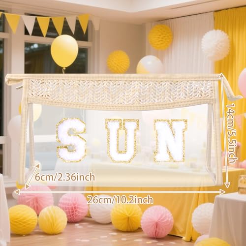 Boho Patch Cosmetic Bag with Zipper, Chenille Varsity Letter Makeup Bag, Clear Travel Pouch, Multi-purpose Small Toiletry Bag for Women Girls (Sun) - style: Sun