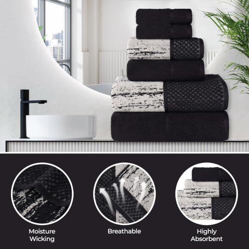 Superior Cotton Bathroom Towel Set Plush Absorbent 3 Piece, Black Ivory JAQ | Soft Quick Dry, Bathroom Essentials, Jacquard Pattern Assorted Towels, 1 Bath, 1 Hand, 1 Face Towel, Lodie Collection - color: Black-ivory, size: 3 Piece Towel Set (Jacquard)