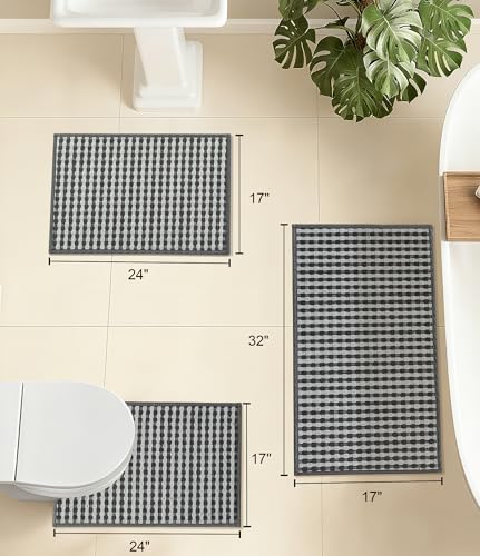 YIHOUSE Grey Bathroom Rugs Set 3 Pieces, Gray Checkered Absorbent Bath Mat Sets Quick Dry, Woven Soft Bath Rugs Non Slip, Thin Washable Rugs for Bathroom - color: Dark Grey, size: 3 Pieces