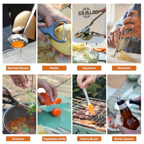 Gaialoop Portable Camping Cooking Utensils Set, Camp Kitchen Set with Organizer Bag, RV Essentials Outdoor Cooking Utensil Kit for Travel, Picnics, Camping, BBQs, Parties - style: 34pcs