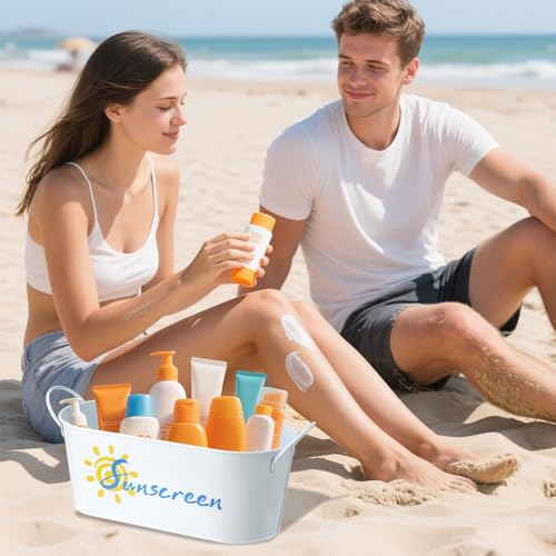 2 Pack Metal Sunscreen Pool Storage Bucket Poolside Basket Box with Handle Above Ground Pool Bin for Swimming Camping Beach Indoor Outdoor Sunscreen Sunblock Sunglasses Accessories(White)