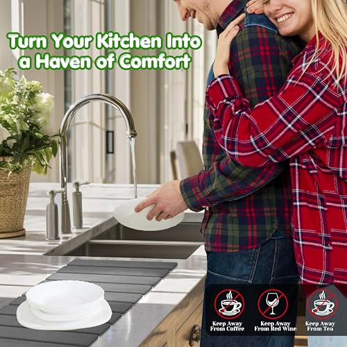 Stone Dish Drying Mat for Kitchen Counter 24x16 Grey, Quick Dry Stone Mat Kitchen, Large Stone Drying Mat for Dishes, Cups & Sink Counter, Drying Stone for Kitchen Counter