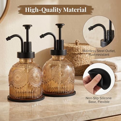 Vintage Glass Soap Dispenser 2 Pack for Bathroom Kitchen, with Black Pump and Non-Slip Mat, Refillable for Hand Soap, Dish Soap, Lotion, Shower Gel, Modern Farmhouse Decor (8 oz, Brown) - color: Brown