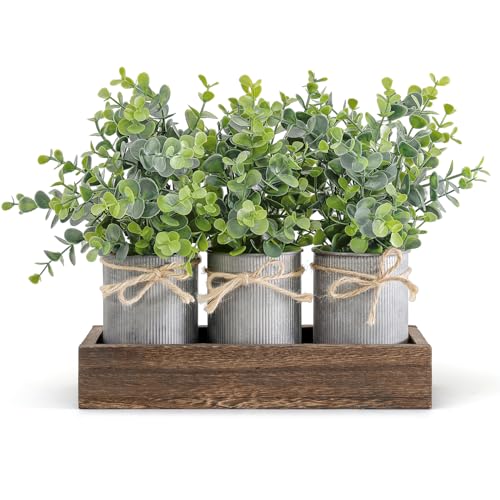 Dahey Fake Eucalyptus Plants Farmhouse Table Centerpieces for Dining Room | Set of 3 Galvanized Pots, Brown Wood Tray, For Bathroom Coffee Kitchen Entryway Living Room Decor, No Maintenance Required