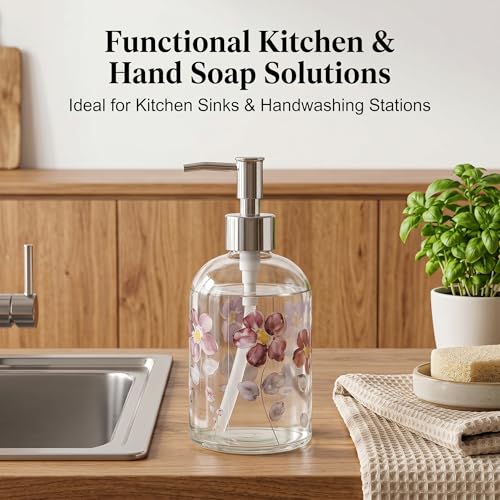 Topadorn 17oz Glass Soap Dispenser with Pump, Refillable Hand Soap Dispenser for Bathroom & Kitchen, Watercolor Floral Decorative Soap Bottle, Farmhouse Countertop Decor - color: Purple Flower