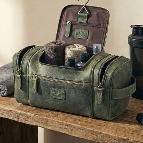 LEATHER VILLAGE Genuine Leather Travel Dopp Kit for Men & Women – Water-Resistant Large-Capacity Hanging Toiletry Bag for Travel, Grooming, Bathroom Organization, Shaving Essentials & Gym Use - Olive - color: Olive