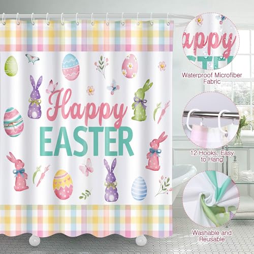 Haull 7 Pcs Easter Shower Curtain Set for Bathroom Bunny Eggs Non Slip Rug Toilet Lid Cover Bath Mat Towels Decor with 12 Hooks Happy Easter Waterproof Shower Curtain for Bathroom Spring Decor Set - style: Easter