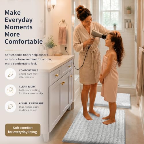 Yimobra Bathroom Rug Set 3 Piece - Super Absorbent Quick Dry Chenille Bath Mats & Toilet Rug, Non Slip Machine Washable, Extra Thick Shaggy Floor Mat for Shower Tub Sink, White - color: White, size: 24"x17" + 24"x20" + 30"x20"