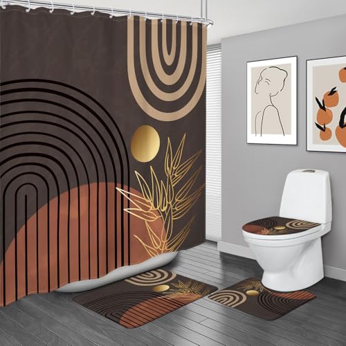 KOMLLEX 4Pcs Abstract Boho Shower Curtain Sets, Bath Mat and Toilet Lid Cover, Modern Brown Grey Leaves Mid Century Simple Minimalist Men Bathroom Decor Set with Rugs and Accessories, 12 Pack Hooks - color: A1-black Brown(4pcs), size: 72"W x 72"L (Pack of