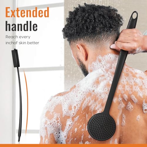 Silicone Back Scrubber for Shower, 17in Lengthen Long Handle Body Brush, Double Sided Shower Brush for Shower Exfoliating and Massage Can Produce Rich Foam, Long Handle Back Scrubber for Men - color: Black