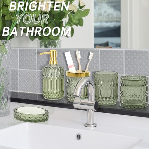 Green Bathroom Accessories Set, 5Pcs Clear Glass Green Accessories with Lotion Soap Dispenser, Soap Dish, Toothbrush Holder, Tumbler, Cotton Swab Jar, Modern Bathroom Decor Crystal Vintage Gift - style: Shallowgreen