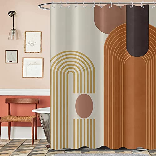 Mid Century Modern Extra Long Shower Curtain, Boho Brown Abstract Arch Machine Washable Waterproof for Bathroom Bathtub with 12 Hooks 72Wx78H - color: Brown and Beige, size: 72"W x 78"L (Pack of 1)