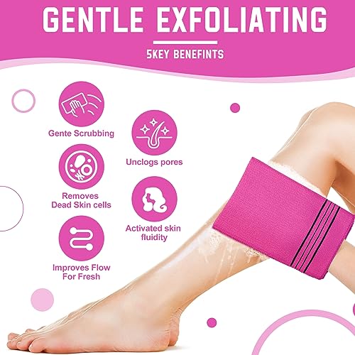 Hosuly 2 Pcs Korean Exfoliating Washcloth and Mitts Set Long Exfoliating Back Italy Towel Scrub Mitt Wash Cloth Scrubber for Women Men Shower Dead Skin Removing Dry Skin (Rose Red) - style: Rose Red