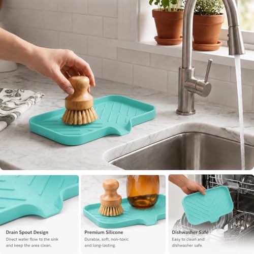 MicoYang Silicone Soap Dish with Drain Spout — Self-Draining Sink Organizer Tray for Bathroom & Kitchen, Sponges, Dispensers & Soap Holder, Non-Slip & Dishwasher Safe, Mint (Medium, 9.6"×5.3") - color: Mint, size: M(9.6"×5.3")